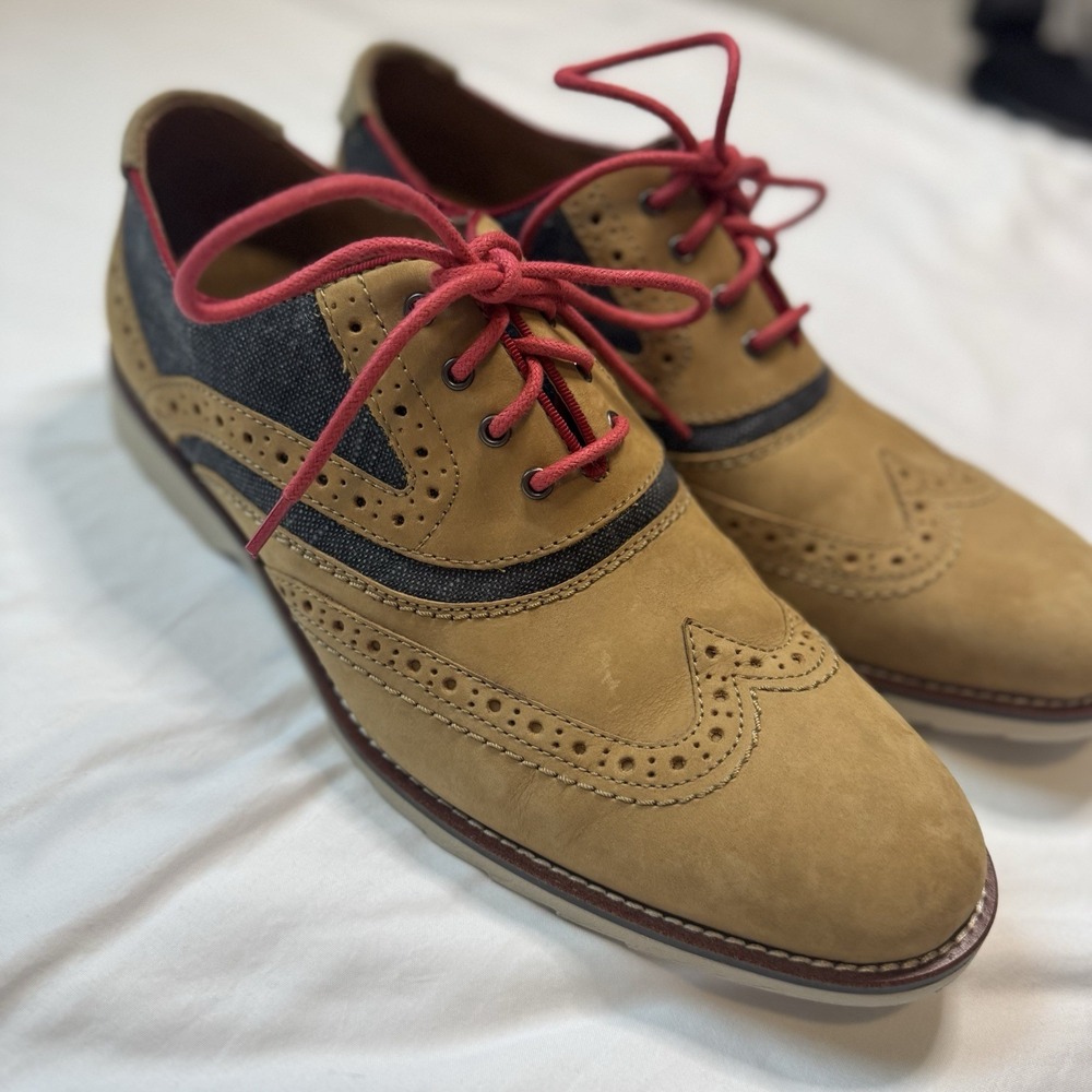 Johnston & Murphy Loxley Wingtip Camel Suede Navy Shoes 59-37571 Men's 8